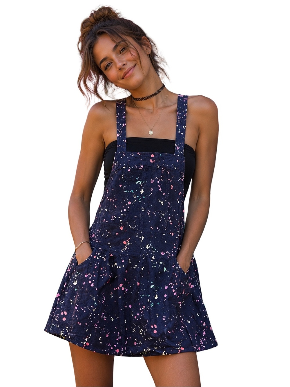 American Eagle Paint Splatter Overall Mini Dress Pinafore Pockets jumper Y2K M